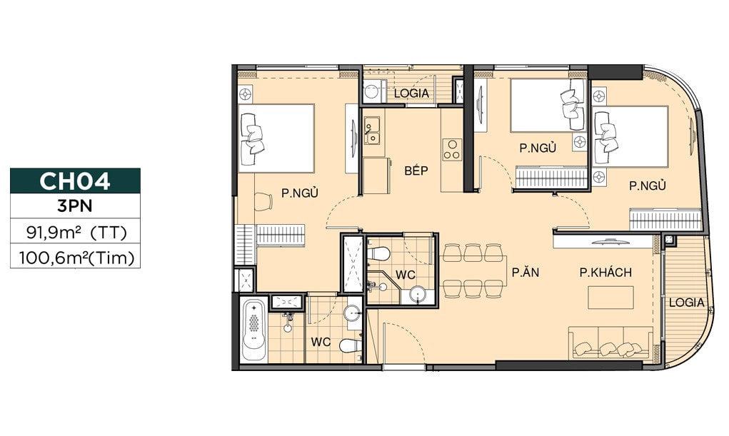 Layout căn hộ 3PN
