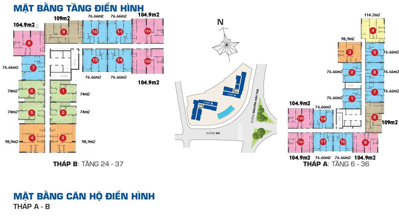 Mặt bằng tầng điển hình (Tháp B 24–37, Tháp A 6–36)