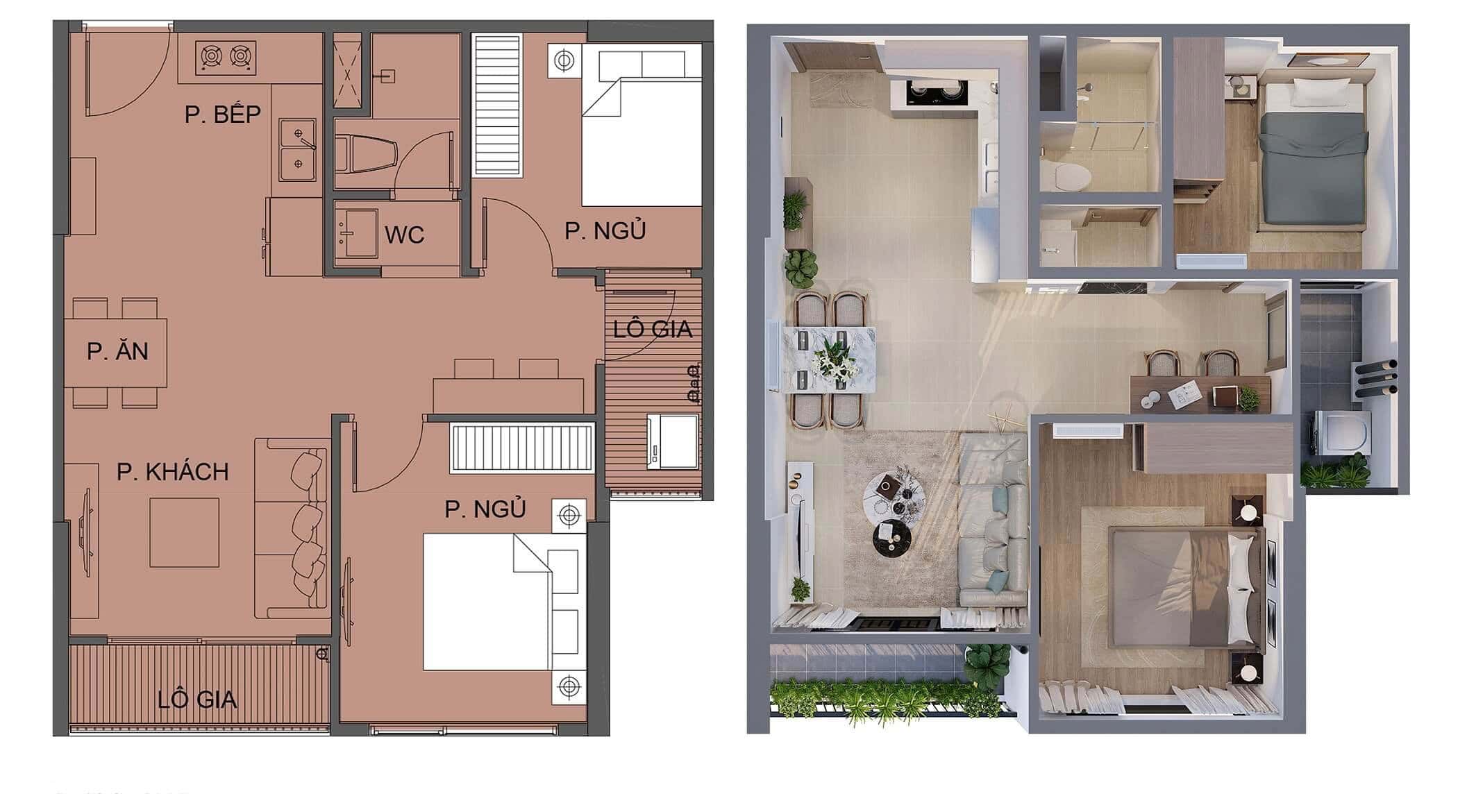 2 phòng ngủ (~59 m²)